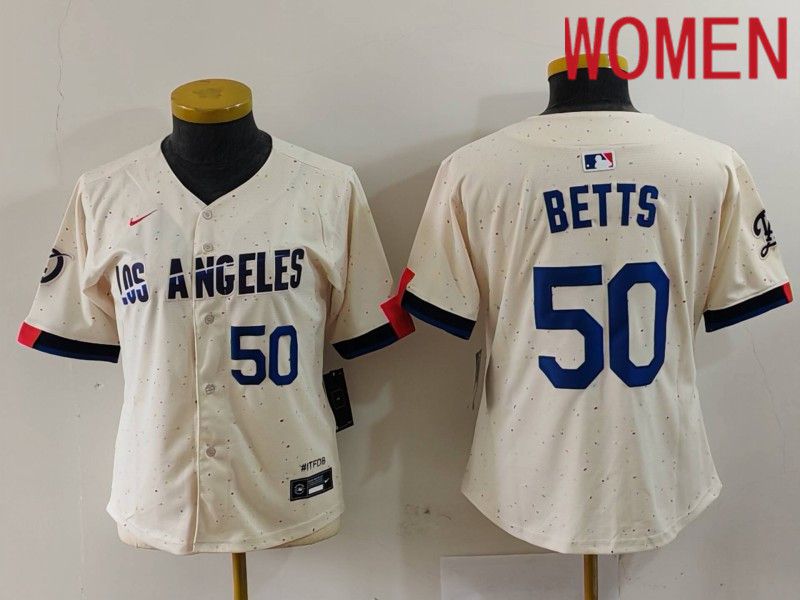 Women Los Angeles Dodgers 50 Betts Cream Fashion Nike Game MLB Jersey style 7034